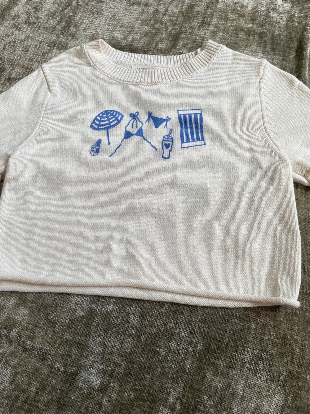 Little Girls White Knit Top with Blue Beach Motif